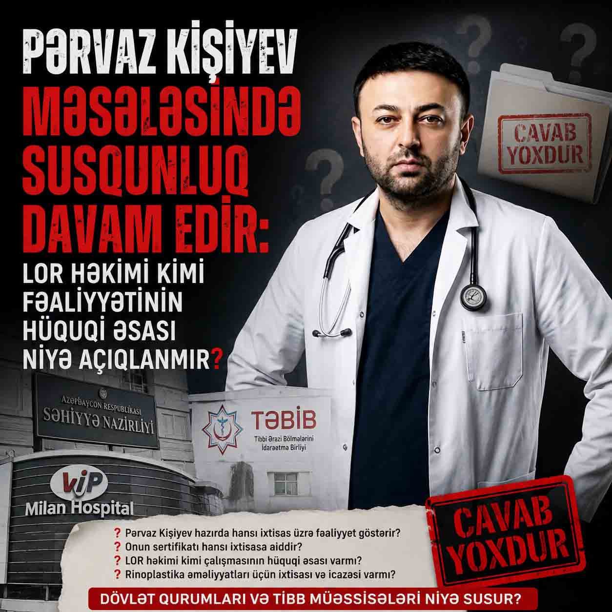 Pərvaz Kişiyev məsələsində susqunluq davam edir: LOR həkimi kimi fəaliyyətinin hüquqi əsası niyə açıqlanmır?